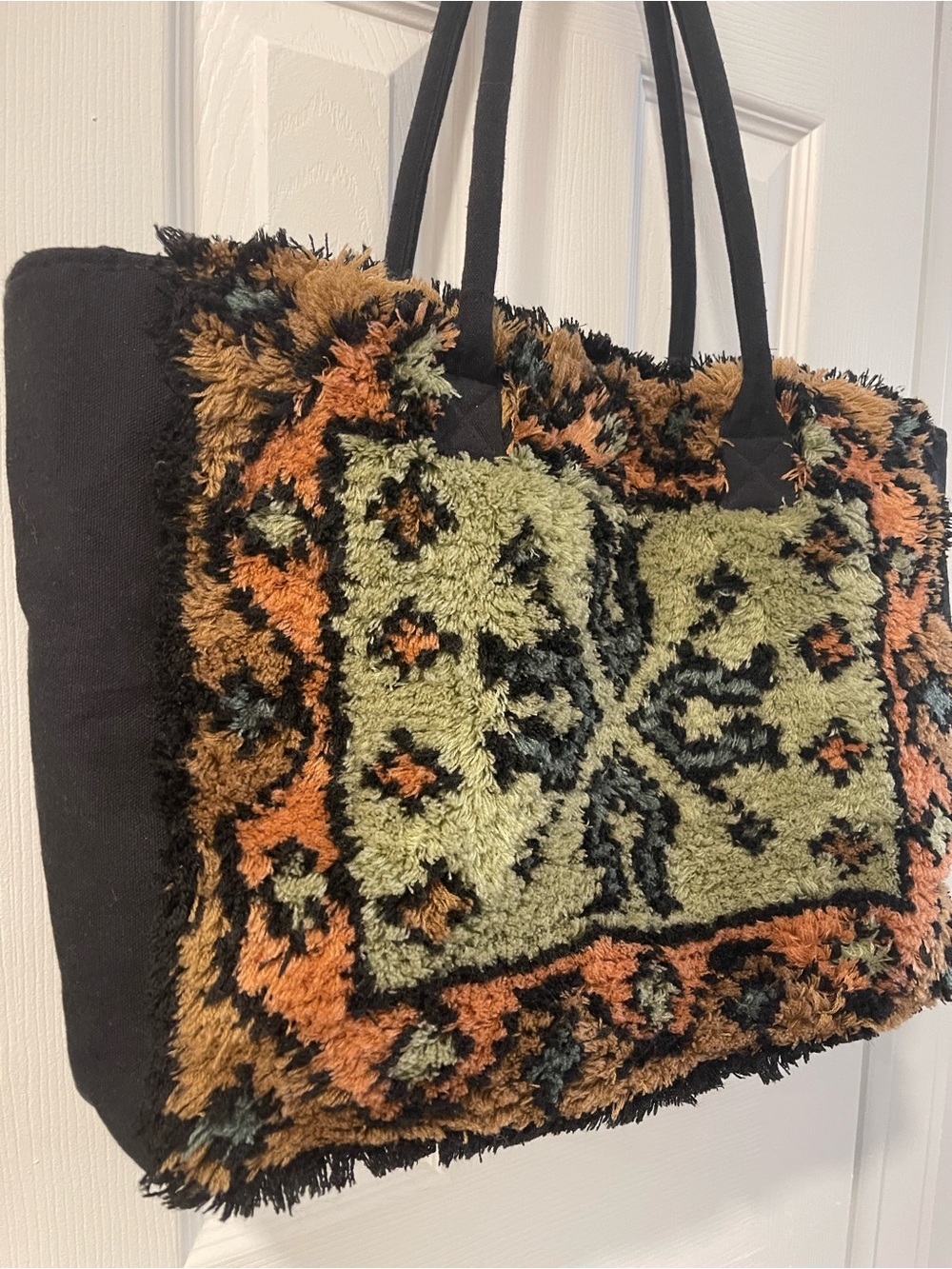 Faux Shag Rug Mosaic Tote Bag in Olive & Rust - Picture 2 of 16